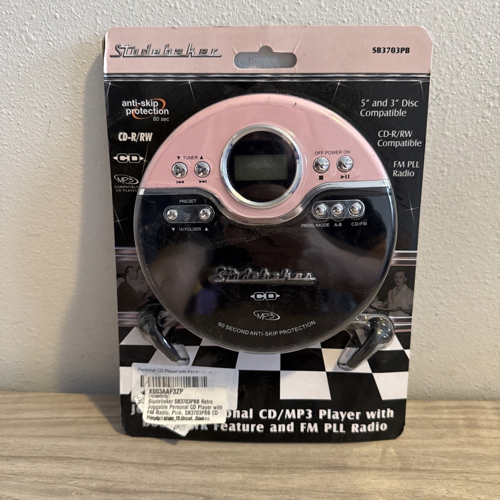Studebaker Personal CD Player with FM Radio, Earbuds SB3703PB Pink Black CD-R/RW